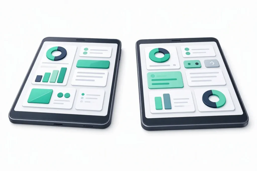 Veriqos vs Digio: two abstract dashboards on side-by-side tablets being compared