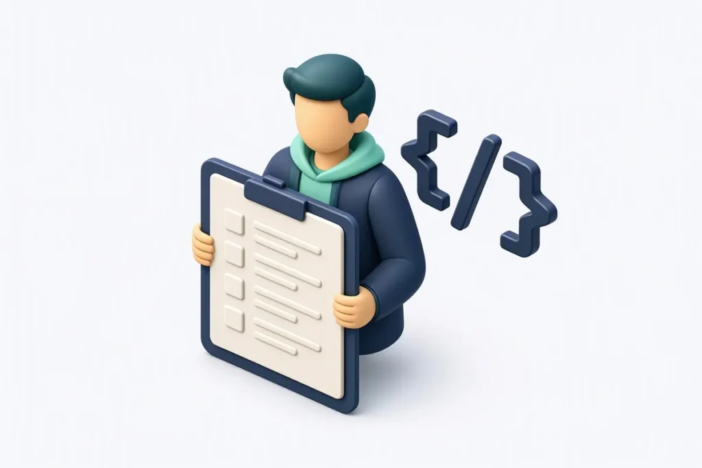 KYC API Integration Checklist: a developer holding a large checklist clipboard beside code bracket icons