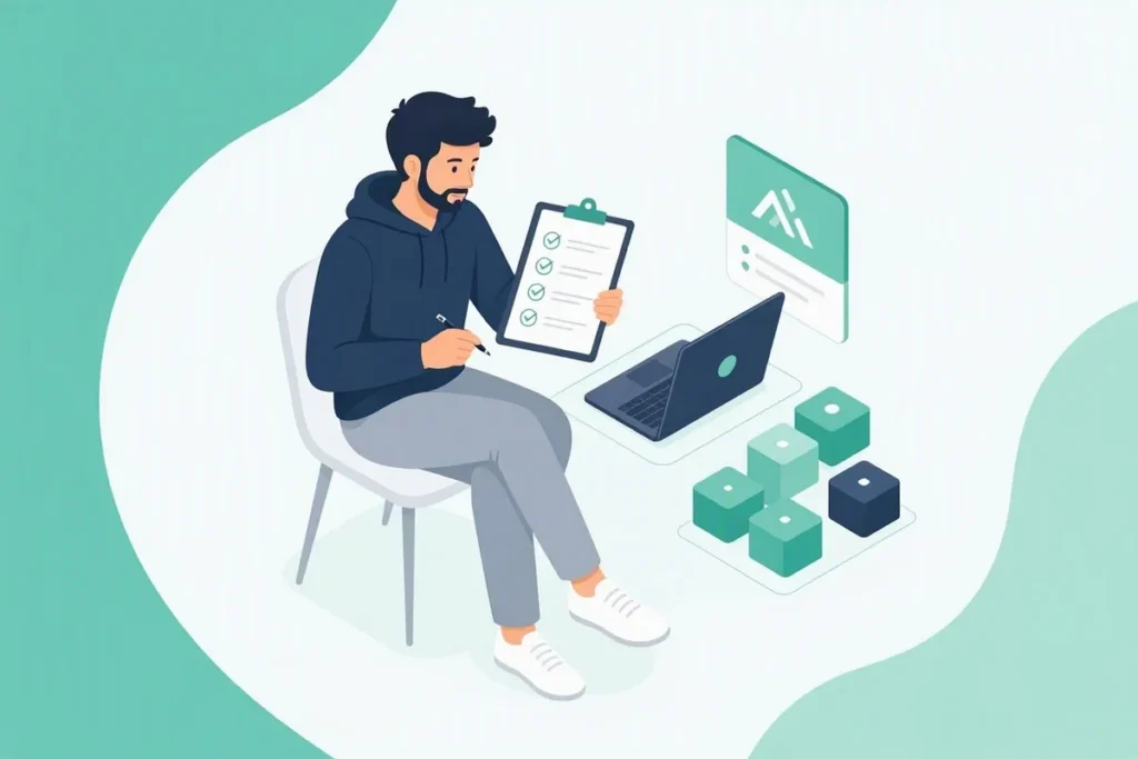 KYC API Integration Checklist: a developer with a clipboard checklist next to API blocks and a laptop