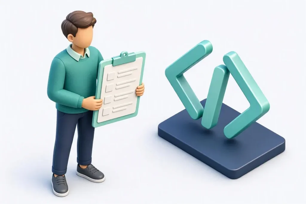 KYC API Integration Checklist: a developer holding a large checklist clipboard beside code bracket icons