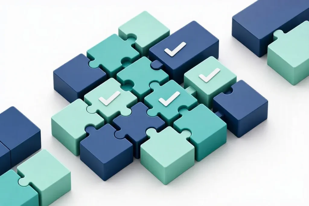 KYC API Integration Checklist: integration blocks fitting together like puzzle pieces with checkmarks