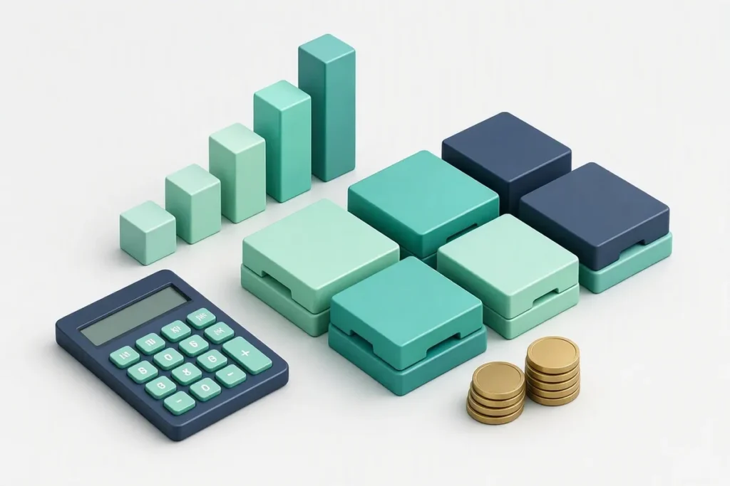 Veriqos API Pricing: a calculator, coins and API blocks on a desk with a growth chart