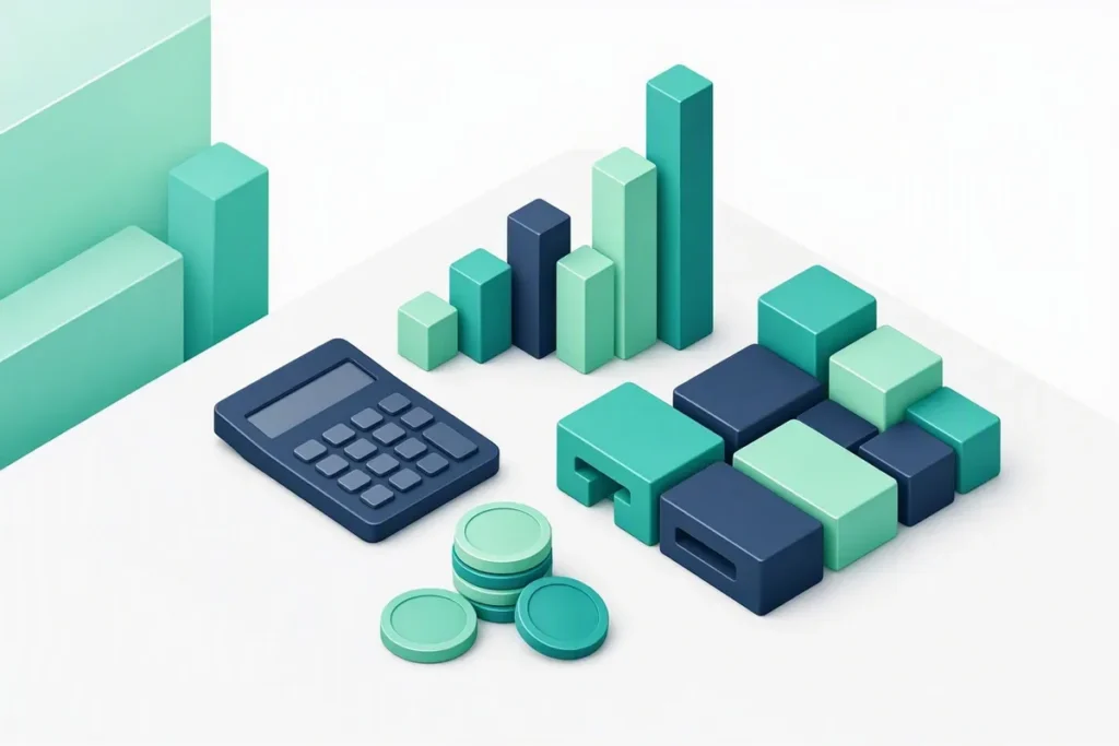 Veriqos API Pricing: a calculator, coins and API blocks on a desk with a growth chart